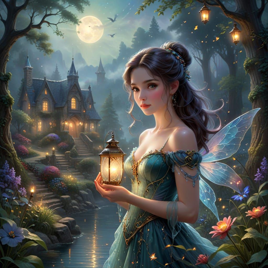 Whimsical Fairy with Lantern in Watercolor Style