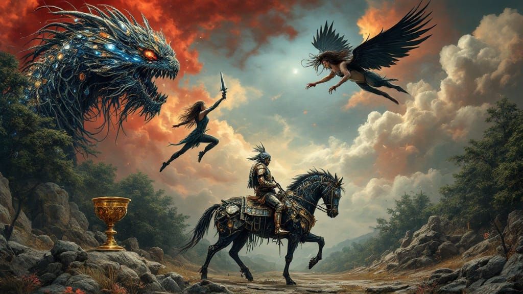 Surreal Fantasy Landscape with Jewel-Adorned Creature and Fl...