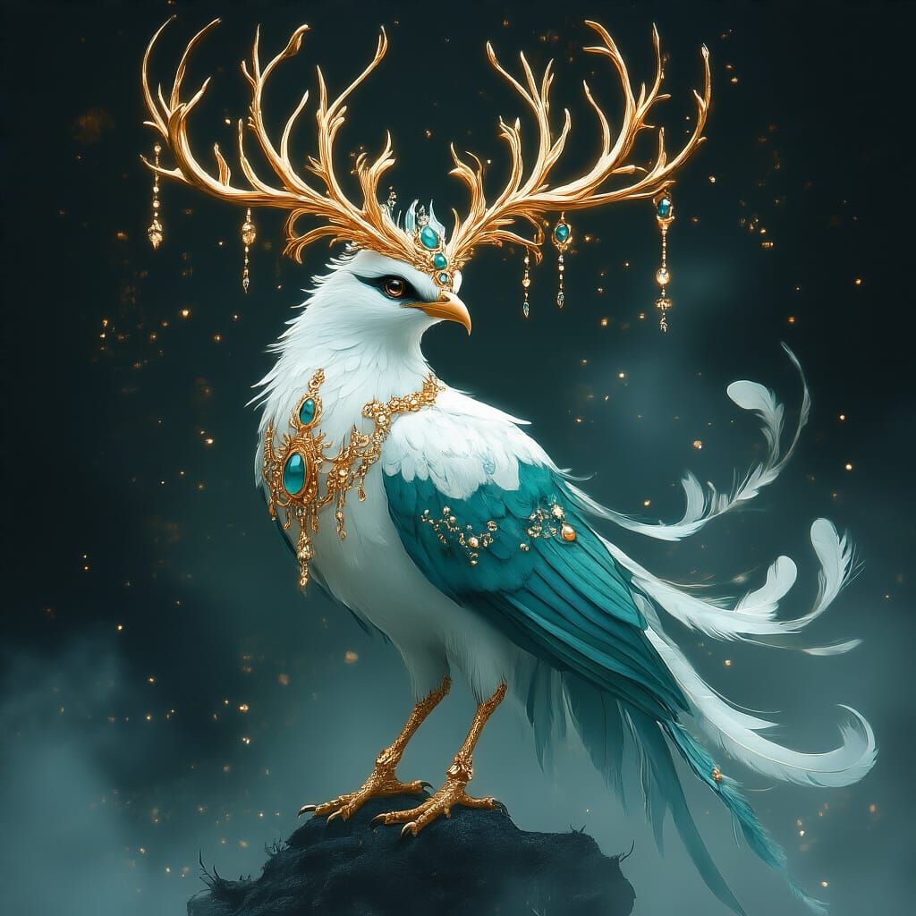 Fantasy Bird with Golden Antlers, Digital Painting