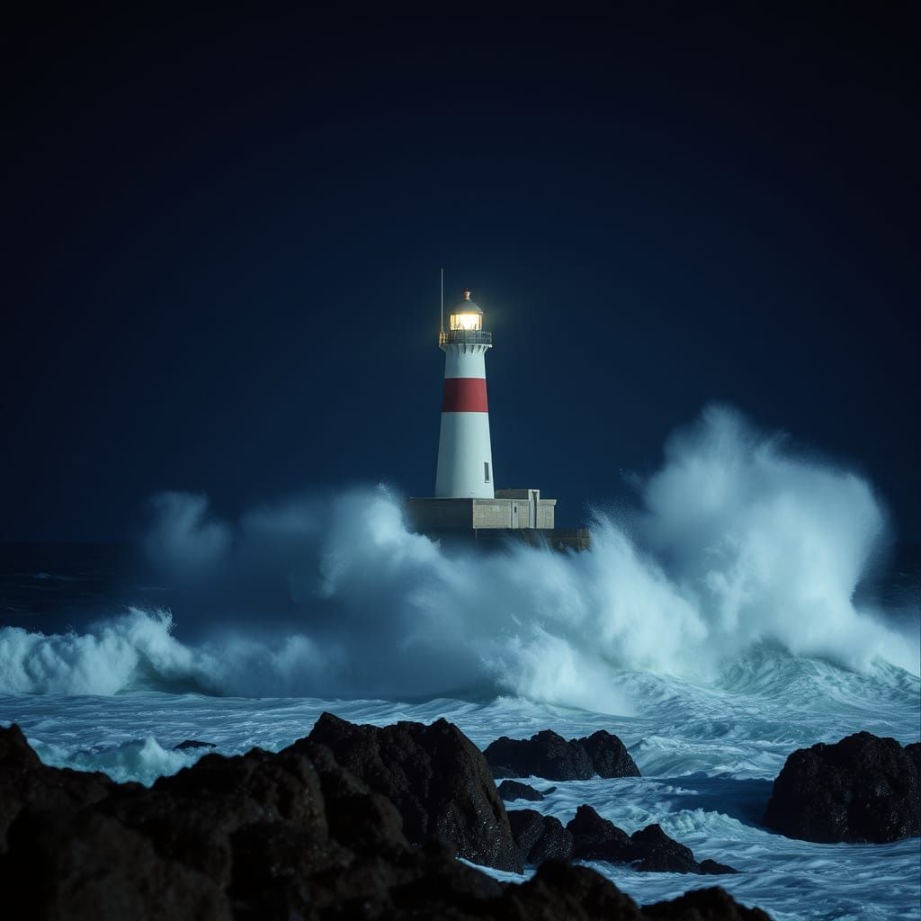 Lighthouse in Stormy Seas: Cinematic 35mm Film