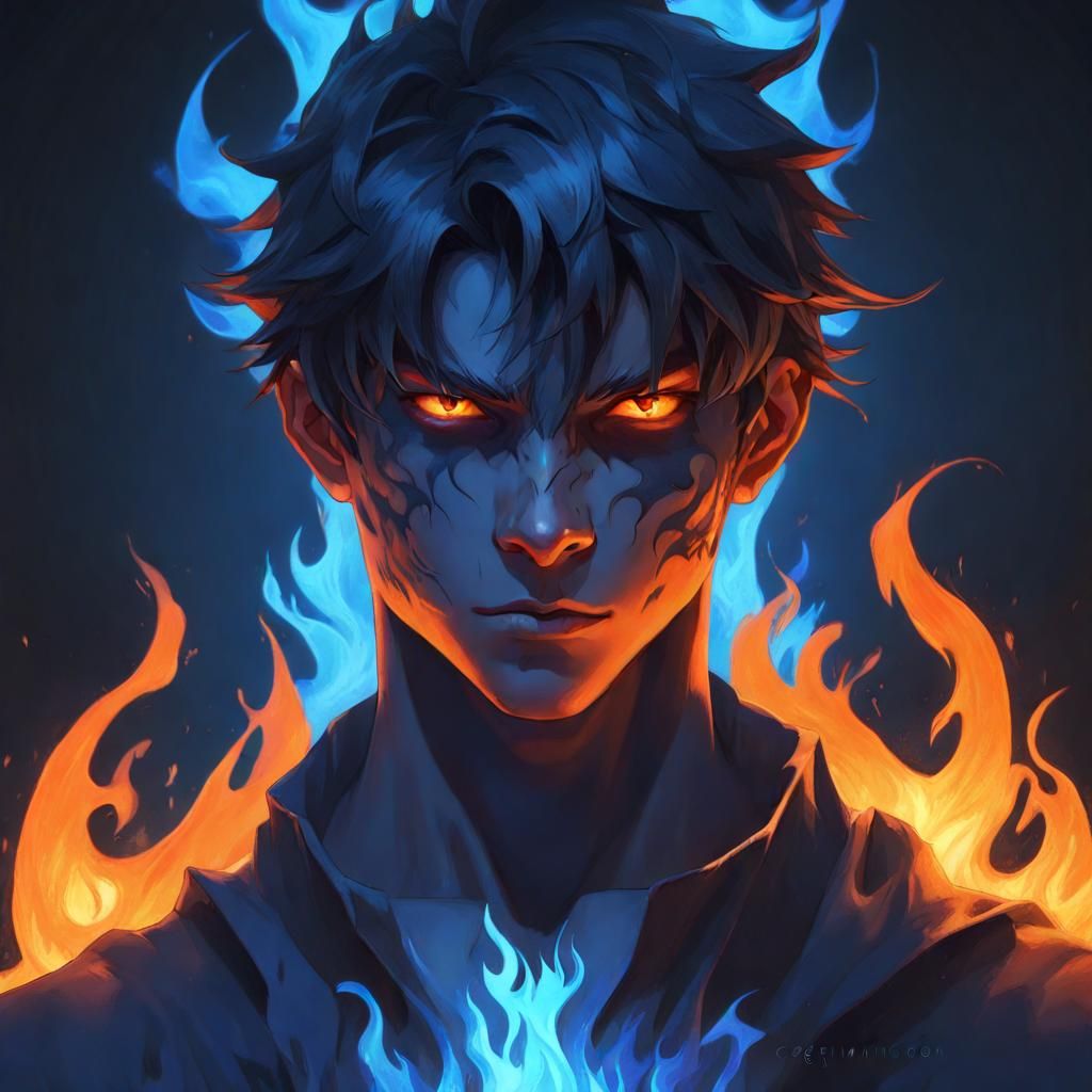 Demonic Teen Portrait with Blue Flames, Digital Art