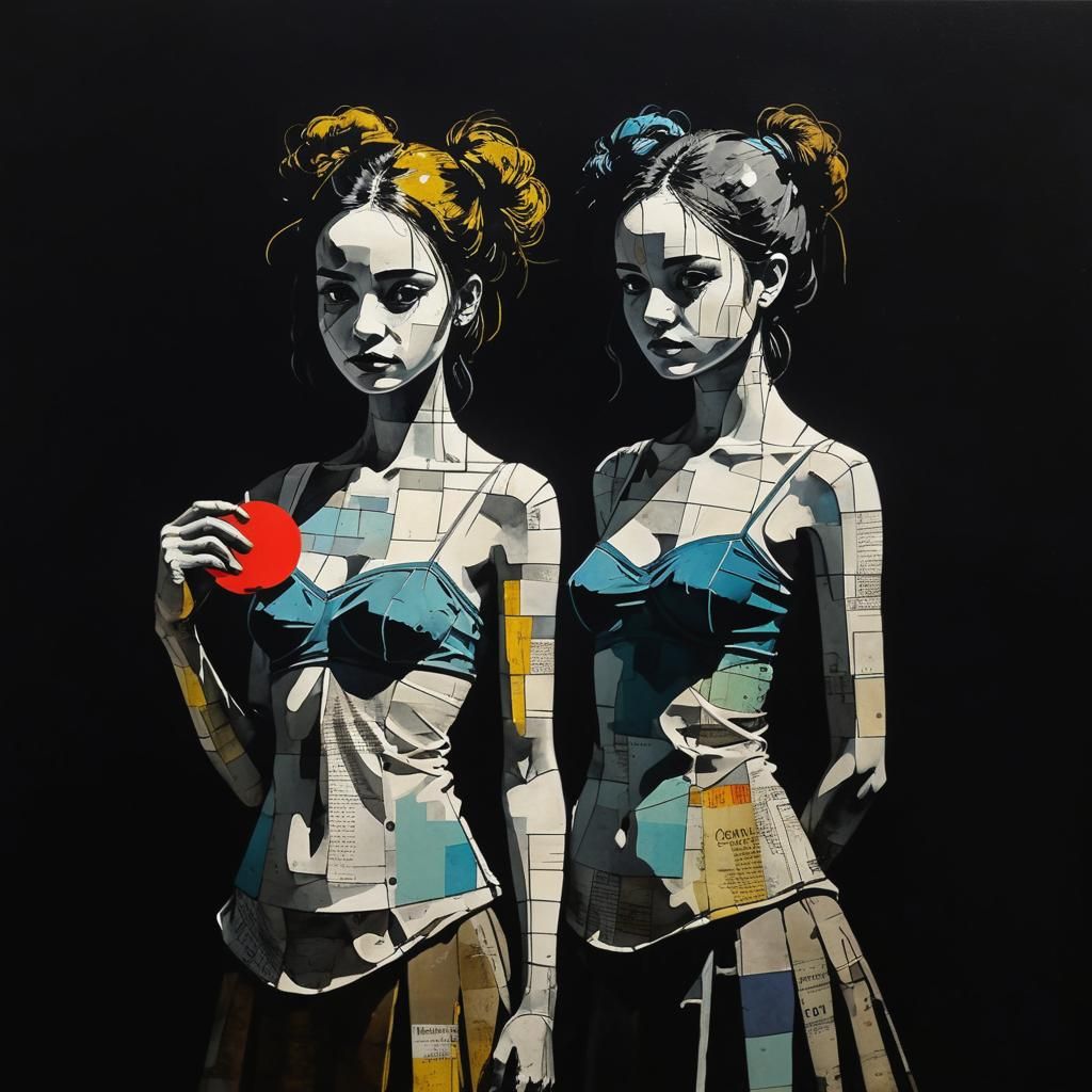 Surreal Twins Stand United Against a Dark Background