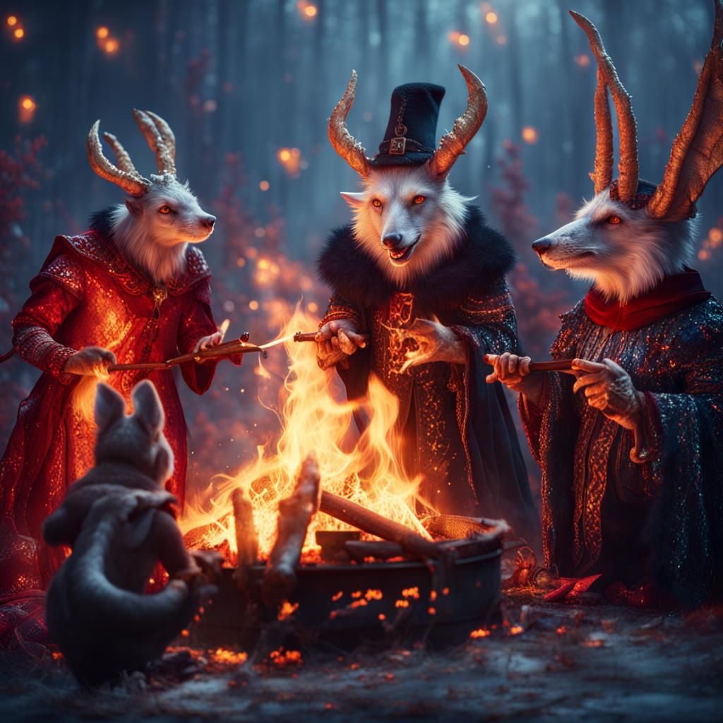Evil Holiday Animals Casting Spells, Detailed Matte Painting