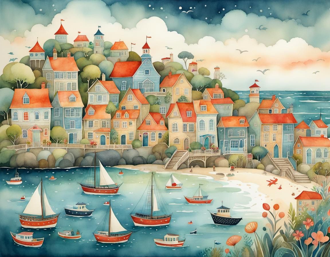 Whimsical Seaside Town in Watercolor Illustration Style