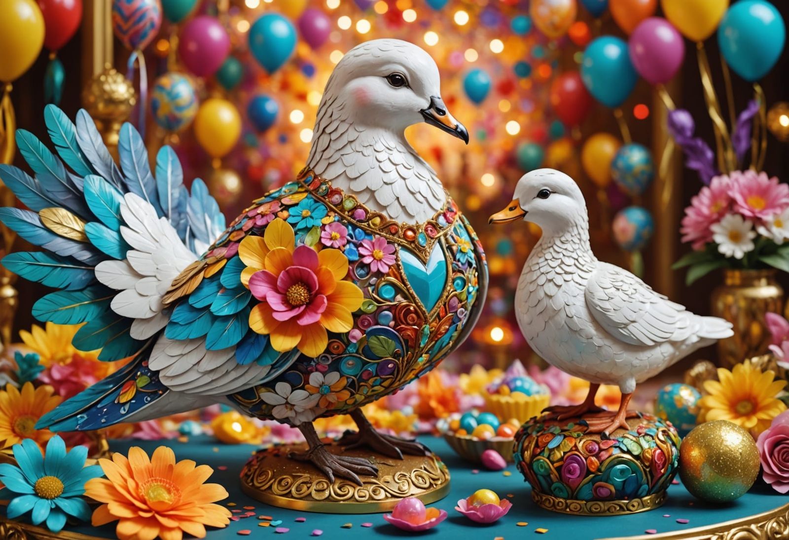 Dove in Vibrant Fantasy Dress with Floral Patterns and Glitt...