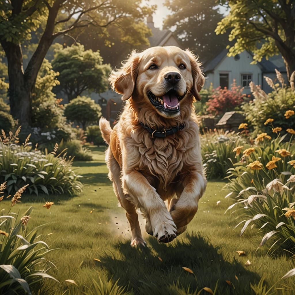 Golden Retriever Running: Detailed Fantasy Concept Art