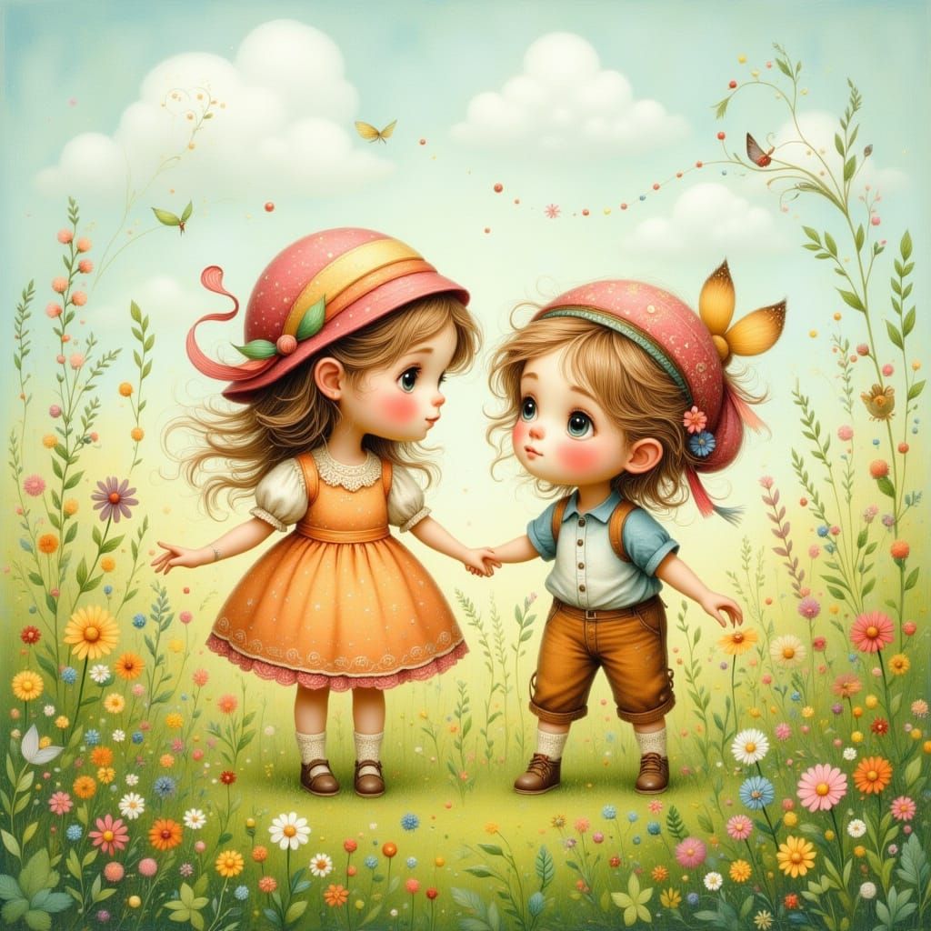 Adorable Children Playing in a Meadow, Beatrix Potter Style