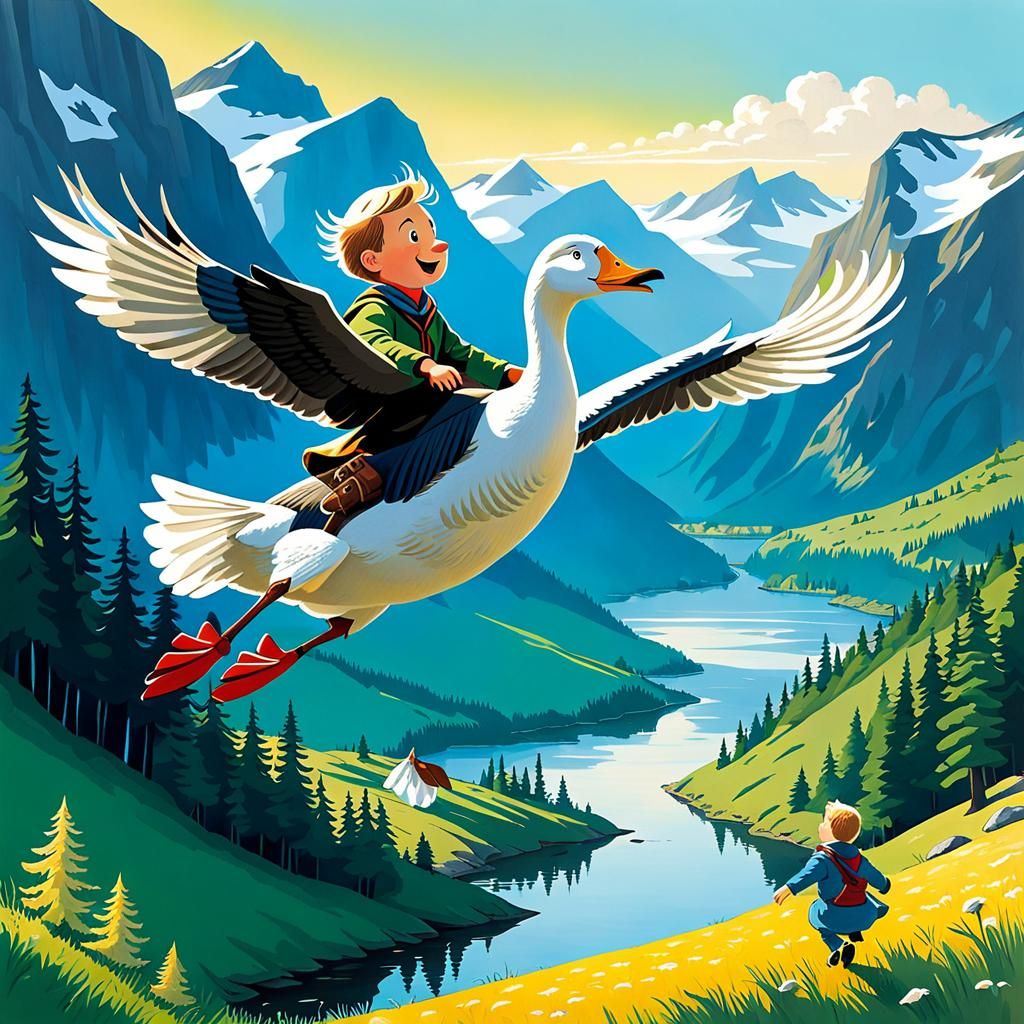 Nils Holgersson flies on the back of the goose Martin. Based on the novel by Selma Lagerlöf.