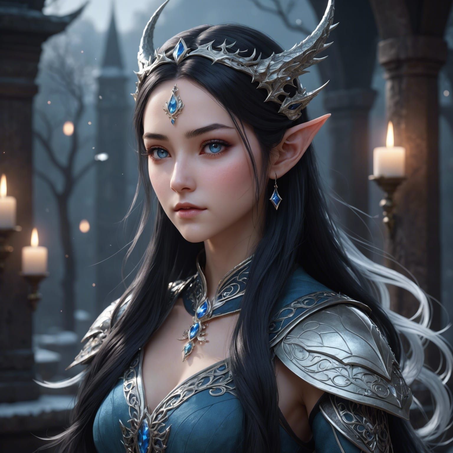 Beautiful, young, elven princess. Half dragon. Midnight hair. Icy eyes.