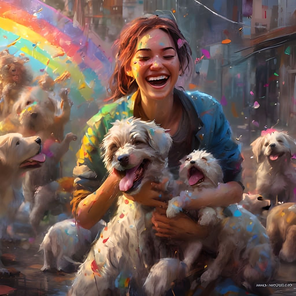 Joyful Woman with Puppies: Impasto Anime Painting