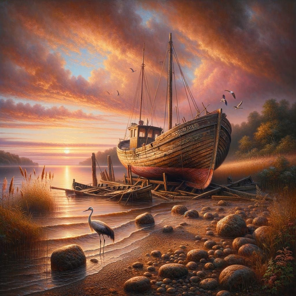 Timeless Sunset on a Weathered Shipwreck