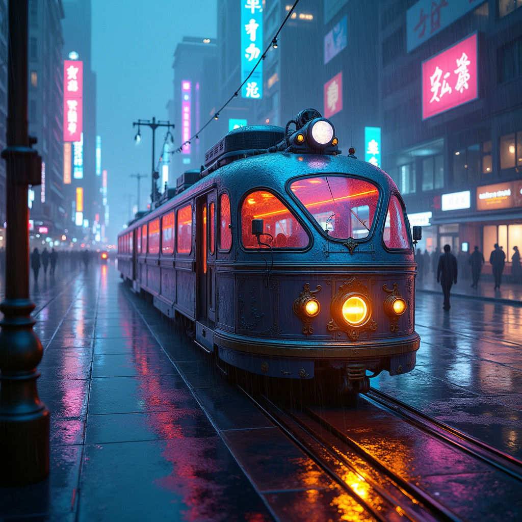 Cyberpunk Steam Tram Hurtles Through Rainy Metropolis
