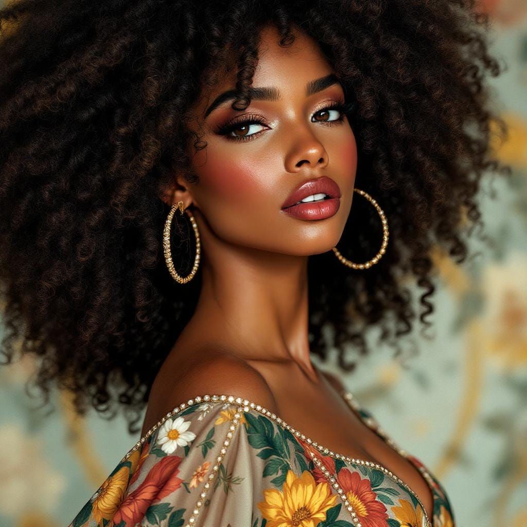 Afro Latina in Floral Gown, Art Nouveau Style