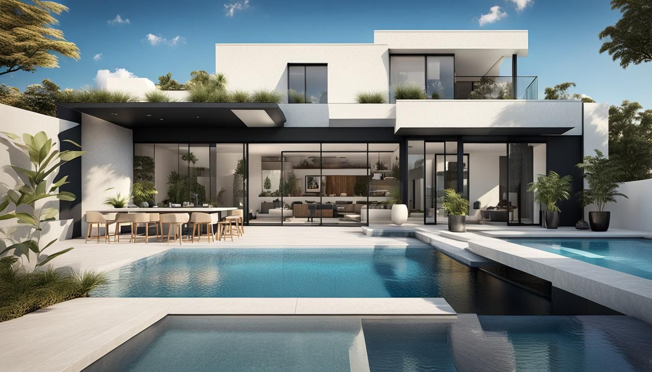 Modern Residence with Pool in 3D Rendering