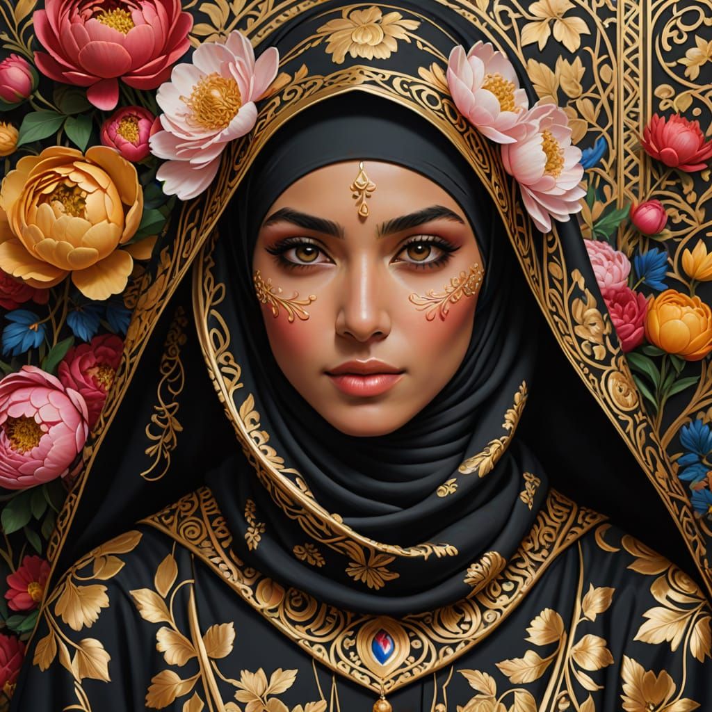 Futuristic Afghan Queen Portrait in Klimt Style