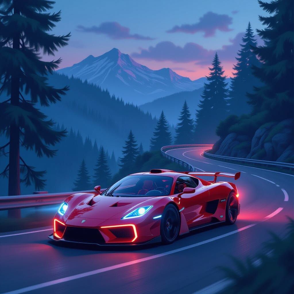 Crimson Hypercar Drifting at Twilight, Futuristic Concept Ar...