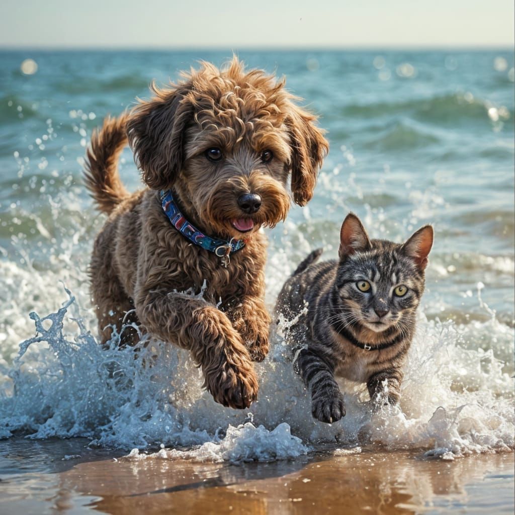 Hyperrealistic Poodle and Cat Play at Seaside