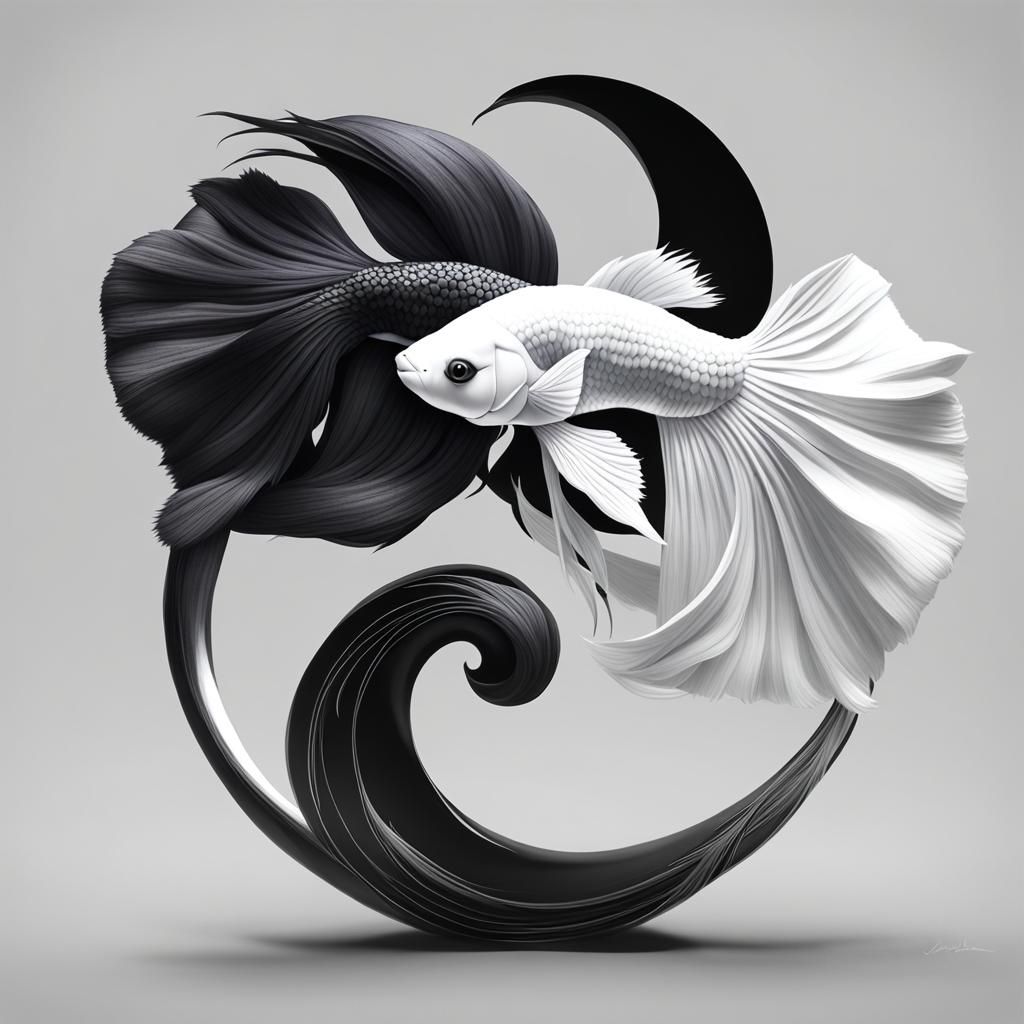 Yin Yang Betta Fish in 3D Anime Style