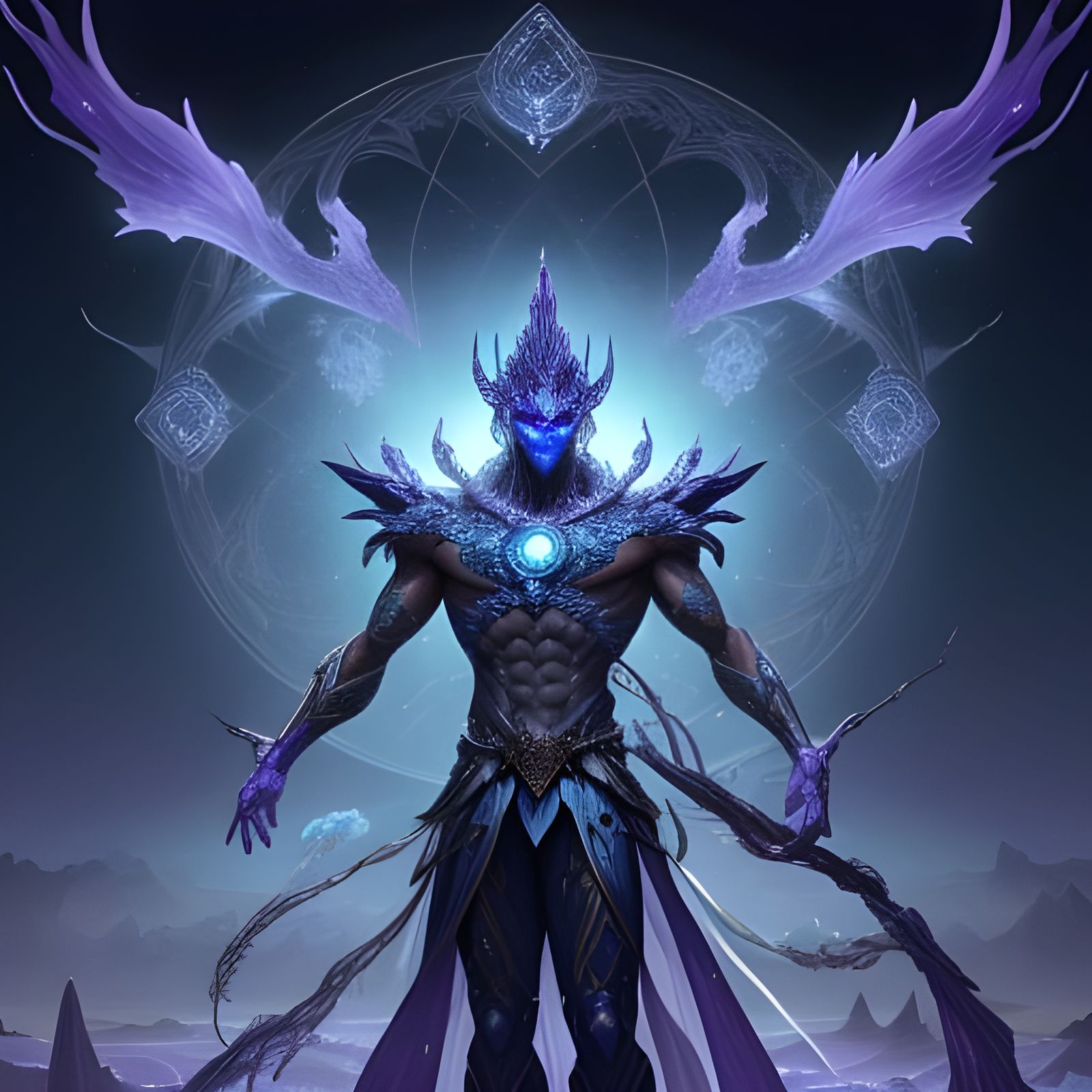 Celestial Demigod on Crystal Platform in Alien Landscape