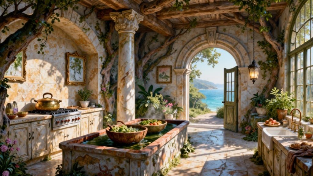 Fairytale Marble Kitchen with Pond Table and Sea View