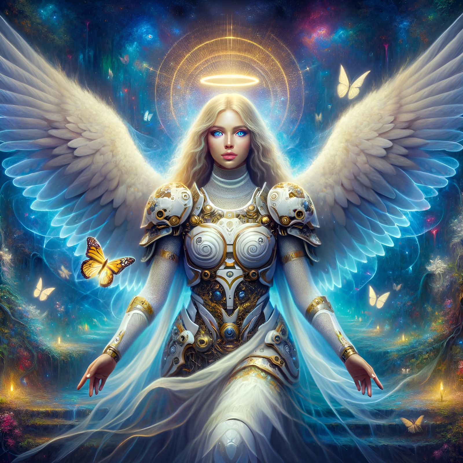 Angelic Woman in Forest with Neon Glow