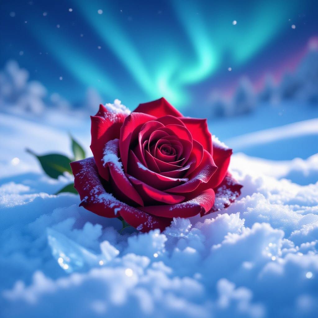 Vibrant Red Rose on Snow with Frost and Ice