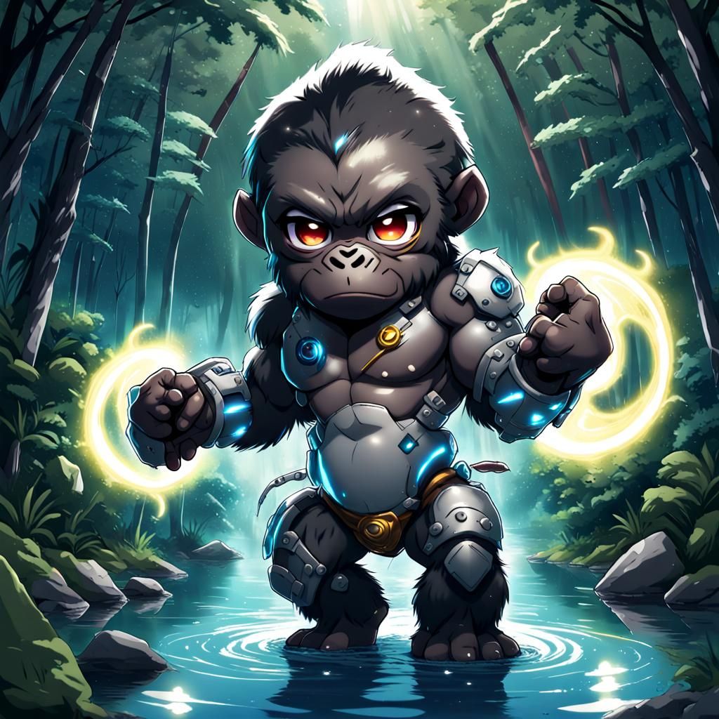 Cyborg Gorilla Ready to Fight, in Anime Art Style