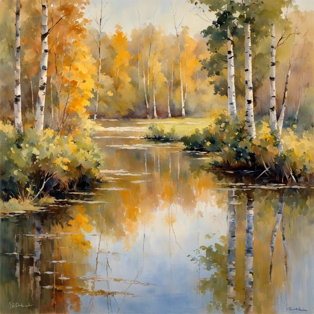 Birches with lake reflections