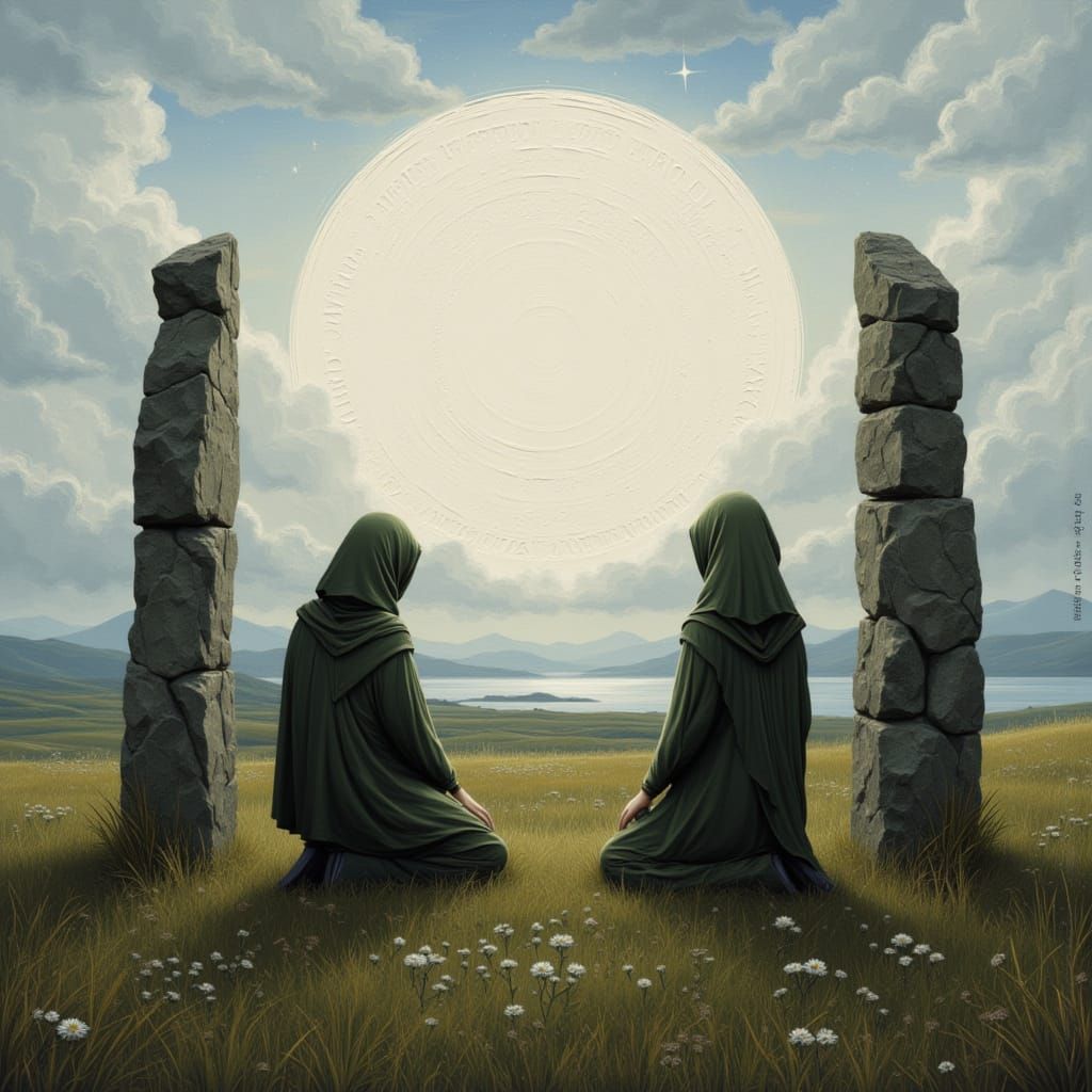 Ancient Scottish Standing Stones Circle with Praying Figures
