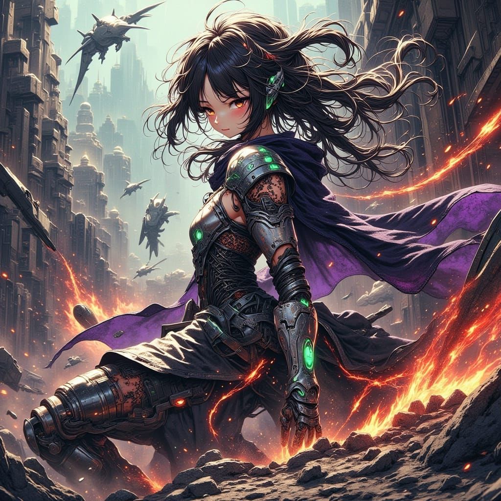 Adorable Warrior Girl in Dark Sci-Fi Battlefield