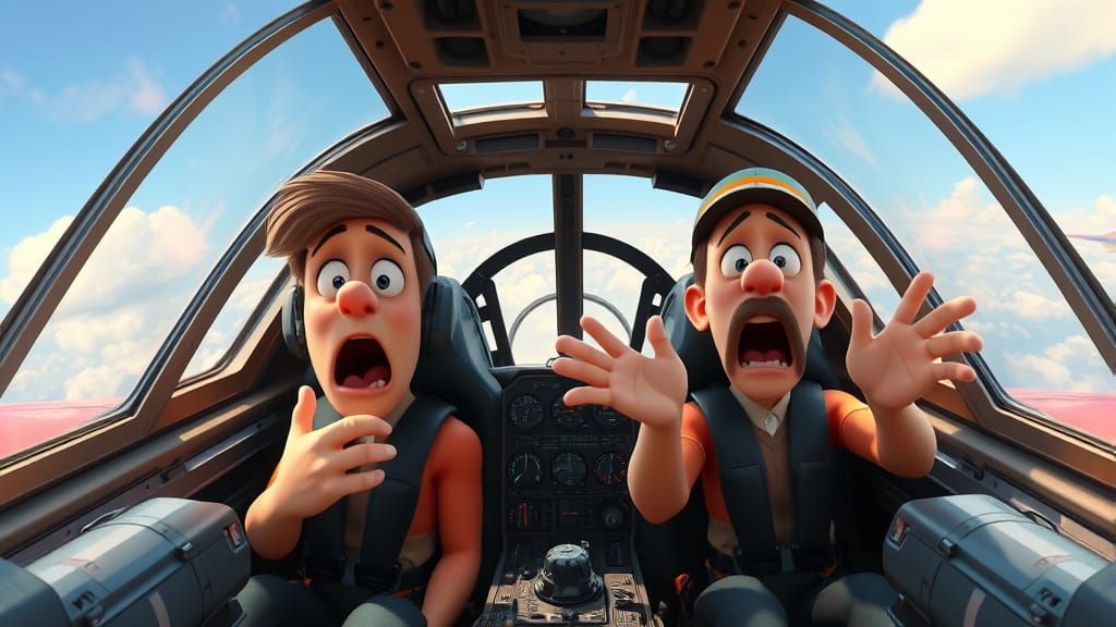 Pilot's Shock in Pixar-Style War Airplane Cockpit