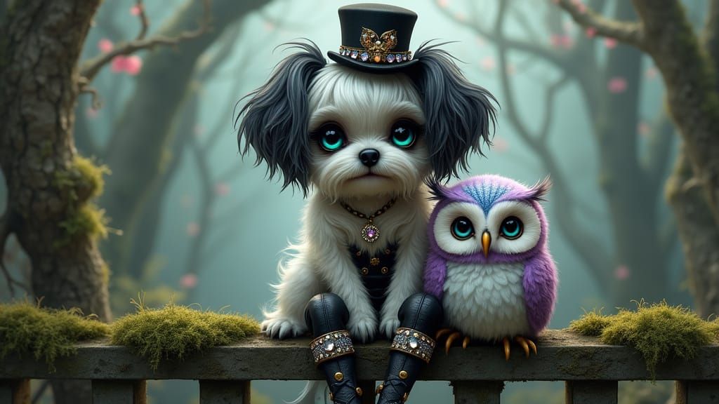 Whimsical Gothic Dreamscape with Shih Tzu Girl and Owl Compa...