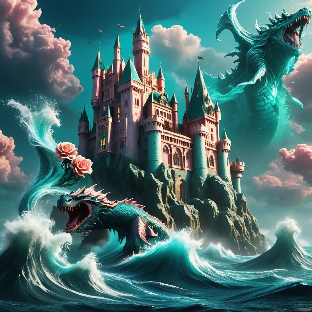 Magical Castle and Sea Monster in Epic Fantasy Style