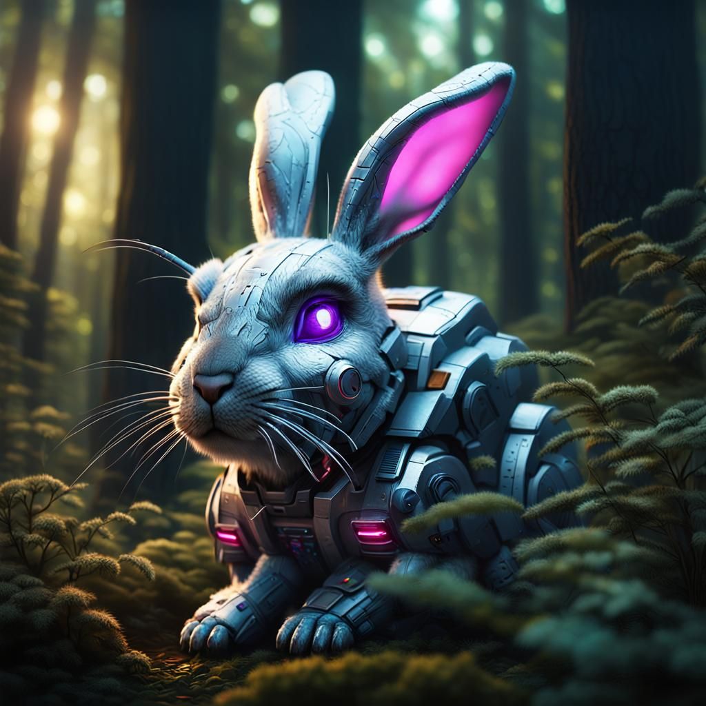 Cybernetic rabbit boasting an ultra-realistic exterior, cove...