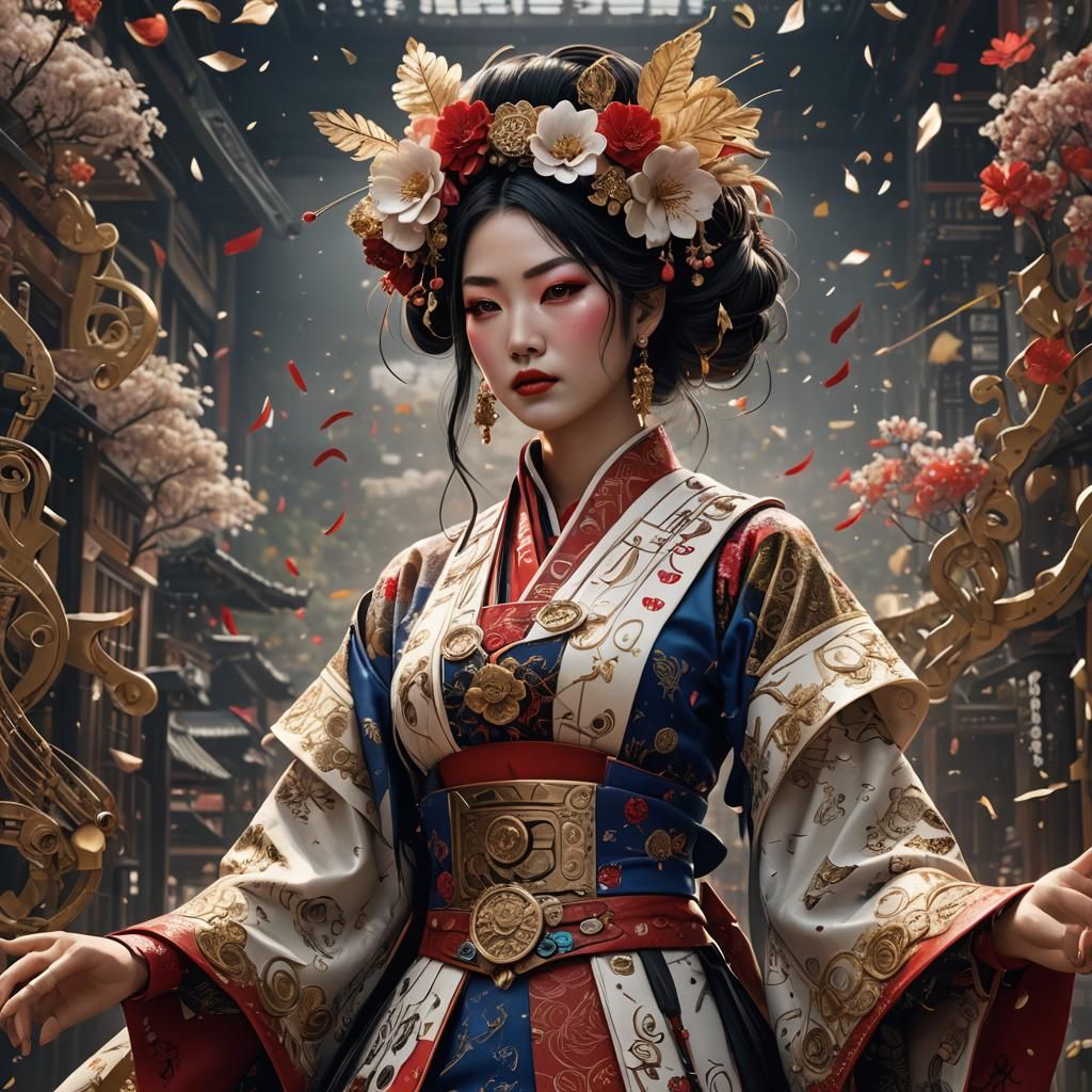 Woman in Cowgirl-Geisha Fusion Clothing of Music Notes