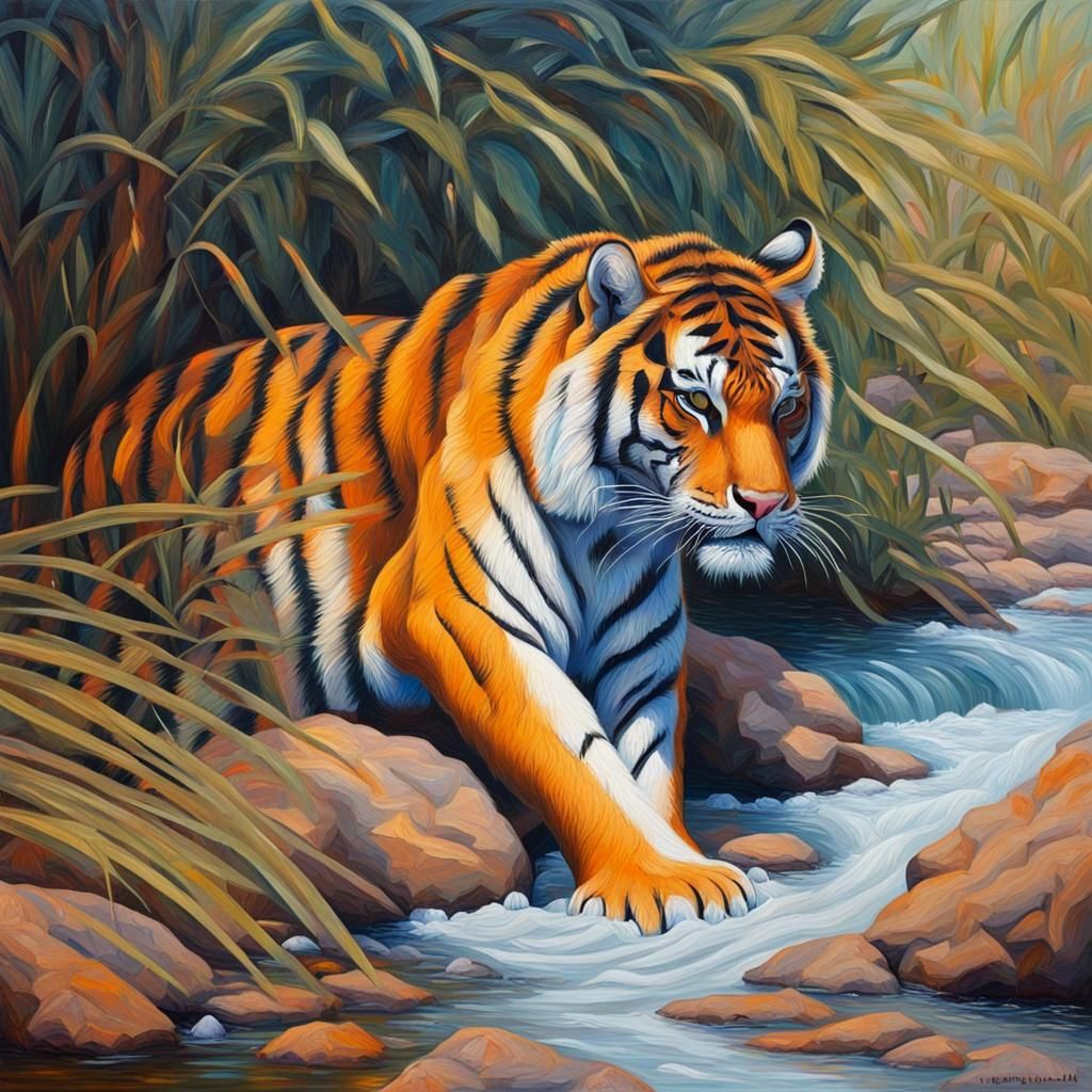 Tiger in Riverbed: Hyperdetailed Neo-Impressionist Oil Paint...