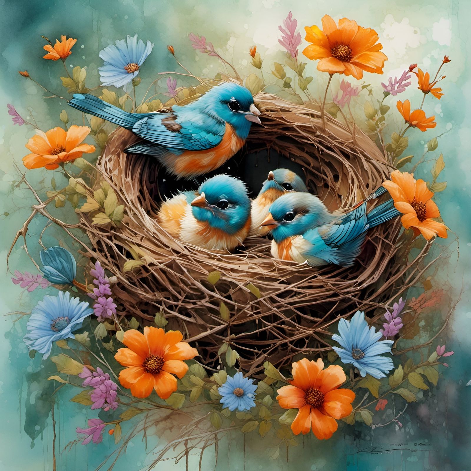 Birds in Nest with Wildflowers, Watercolor Style
