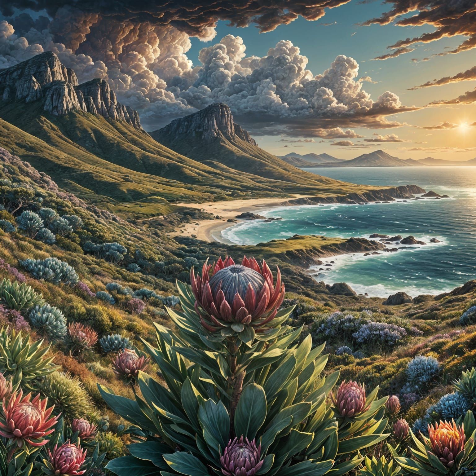 Proteas Overlooking Sea in Comic Book Art Style