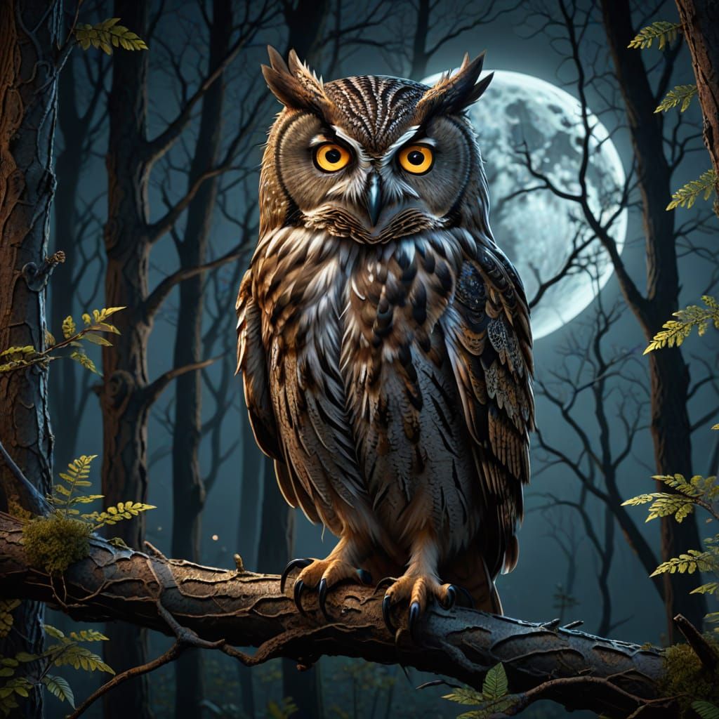 Wise Owl in Moonlit Forest: Digital Art