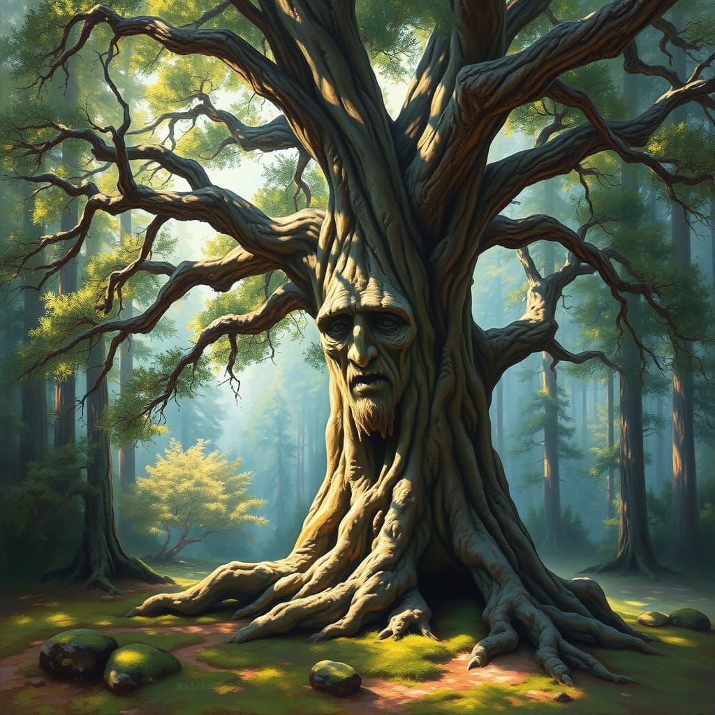 Wise Old Tree in Mystical Forest Clearing, Oil Painting Styl...