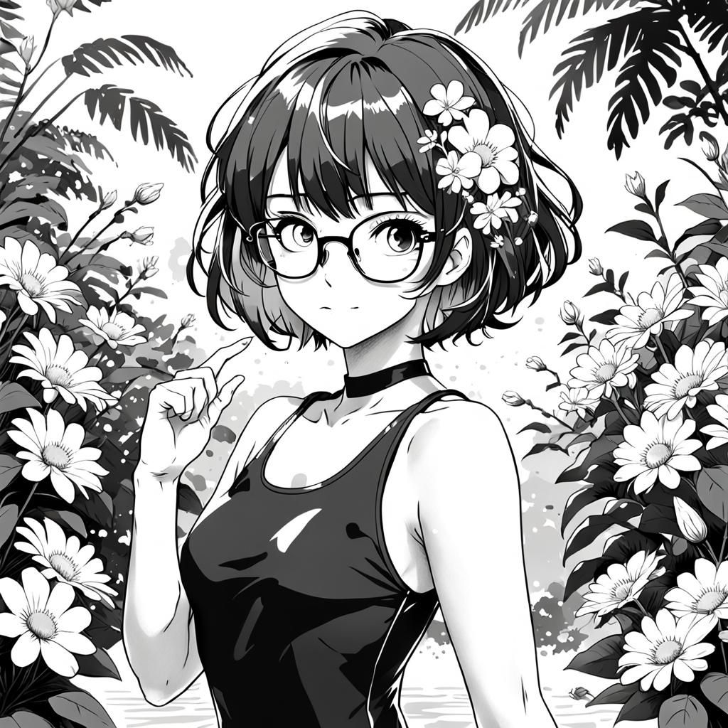 Anime Style Woman with Flowers, Black and White