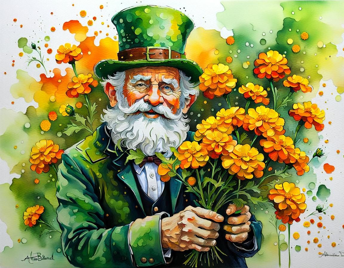 Leprechaun with Marigolds in Alcohol Ink Style