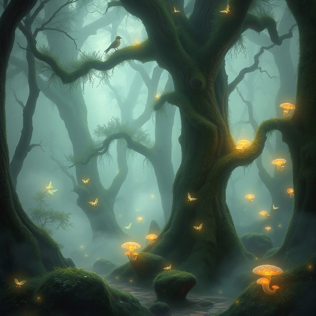 Enchanted Forest with Magical Glowing Fog and Sprites