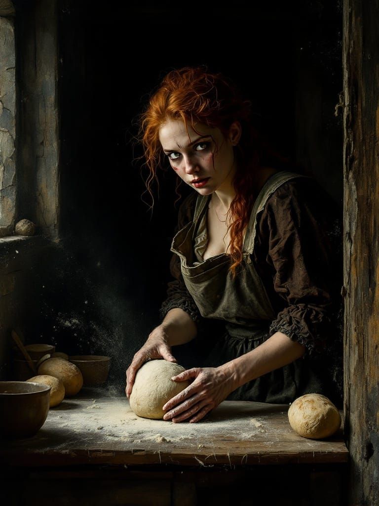 Redhead Baker in Gothic Horror Kitchen