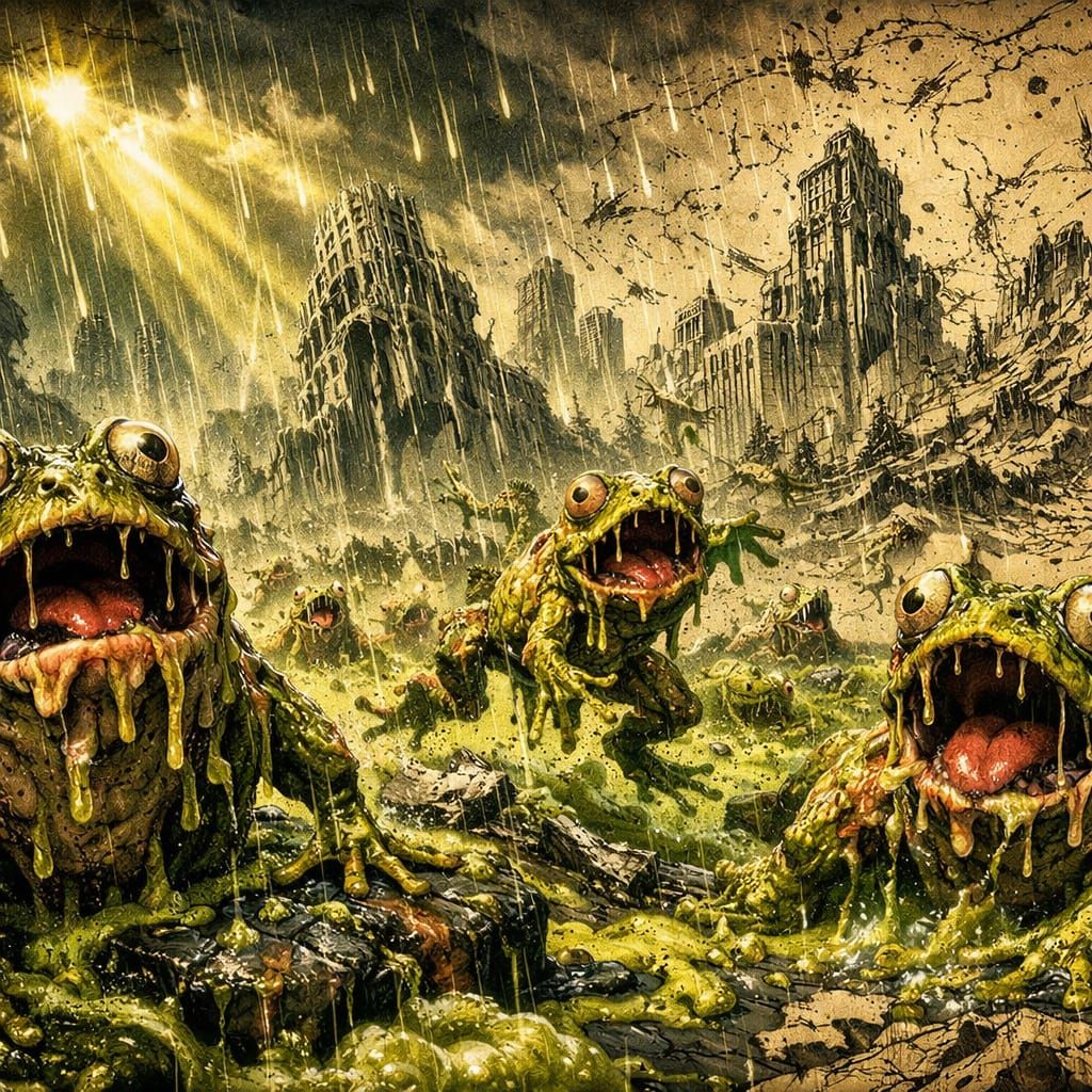 Surreal Frog Meltdown Under Acid Rain in Urban Ruins