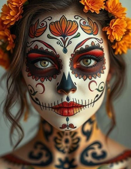 Vibrant Sugar Skull Woman Portrait in Mexican Folk Art Style