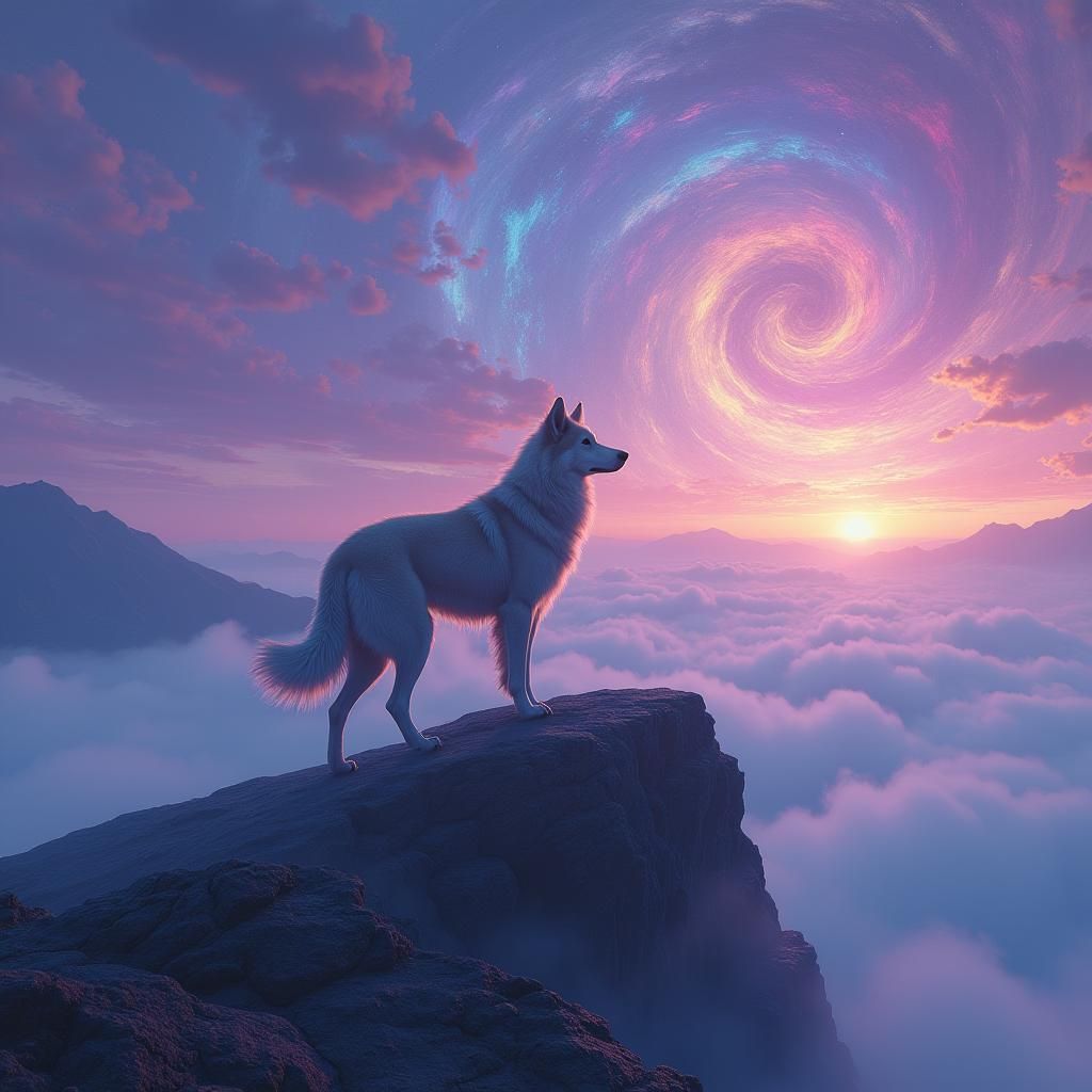 Dog on Mountain Peak in Psychedelic Sky