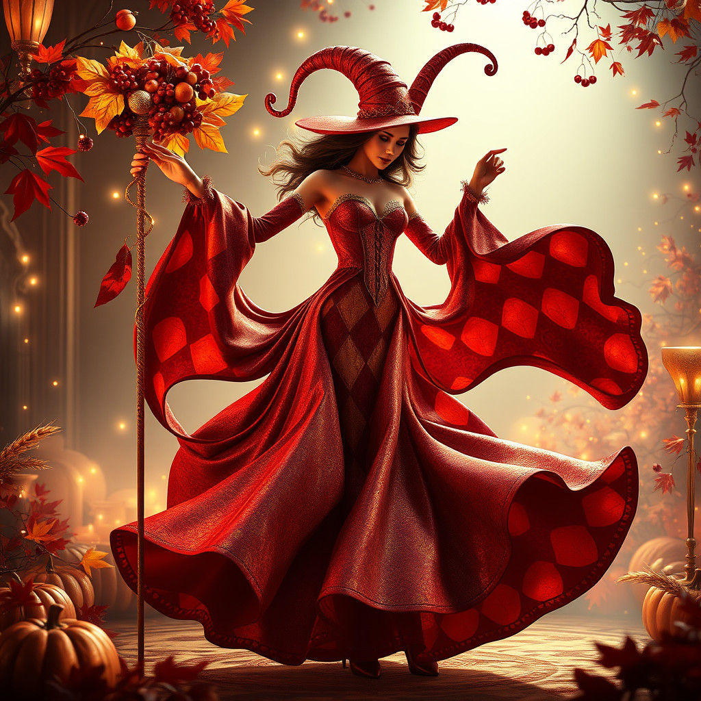 Art Nouveau Harlequin Witch Dances in Thanksgiving Scene