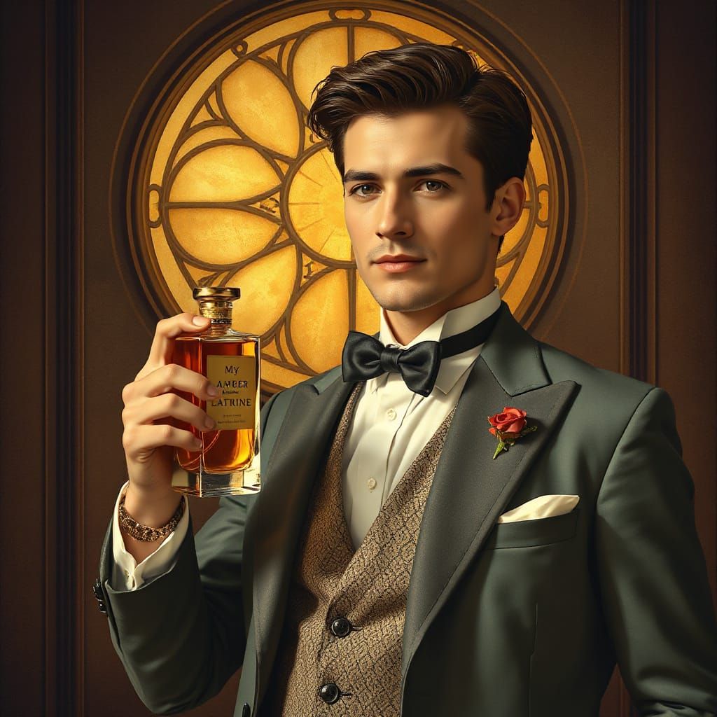 Sophisticated Gentleman Adorns Amber Bottle in Art Nouveau S...