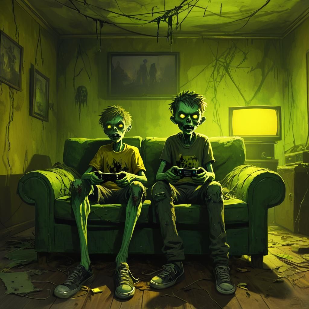 Zombie Brothers Play Video Games: Dark Fantasy Illustration